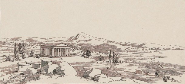 Σχεδιαστική αναπαράσταση του αρχαίου ναού και του ευρύτερου του χώρου, με τον Όλυμπο στο βάθος και τον κόλπο Καλλονής δεξιά (αναδημοσίευση από το βιβλίο του Γερμανού αρχαιολόγου R. Koldewey με τίτλο Lesbos του 1890)